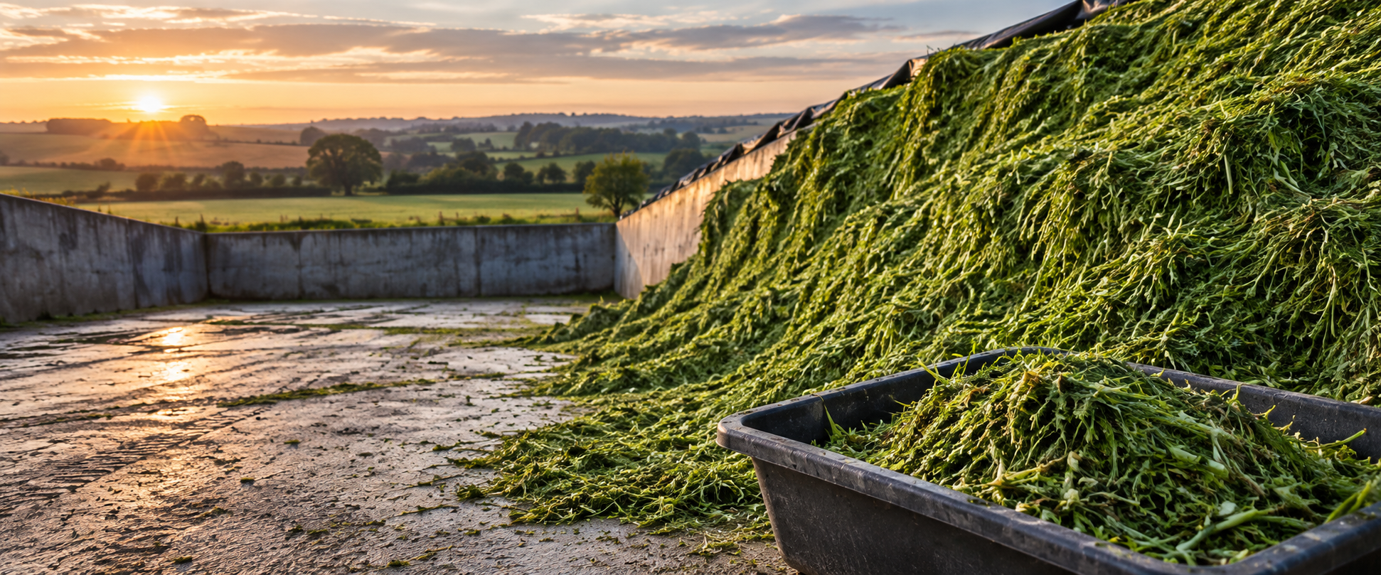 Fresh chopped grass forage in a realistic farm silage clamp with a clean sampling tray in the foreground and gently sunlit fields beyond